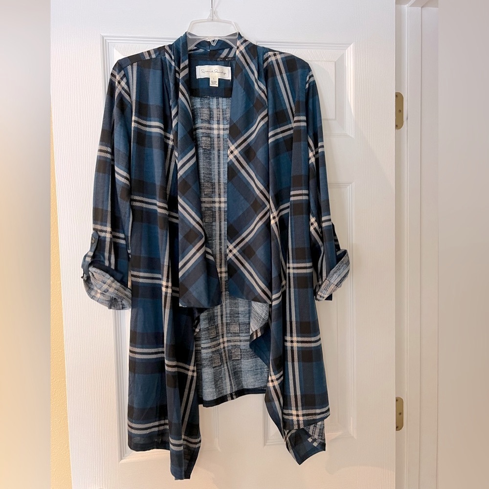 Teal Plaid Drape Cardigan NWOT